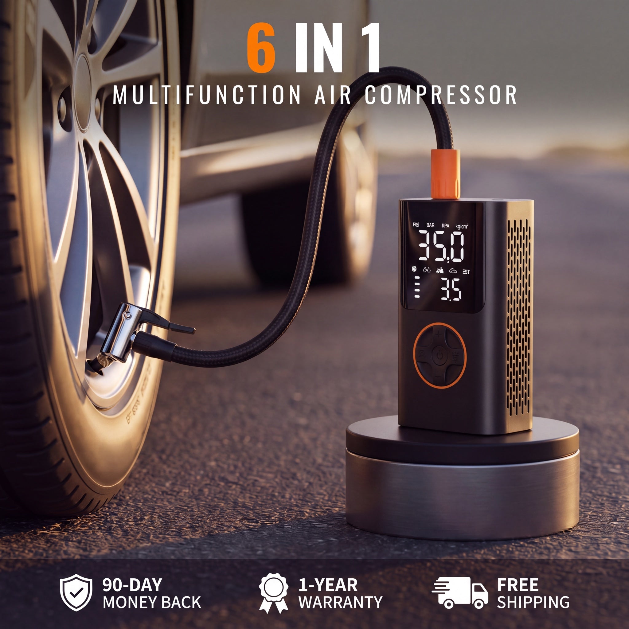 AirFlux 6 in 1 multifunction air compressor on a stand, hose connected to a car tyre