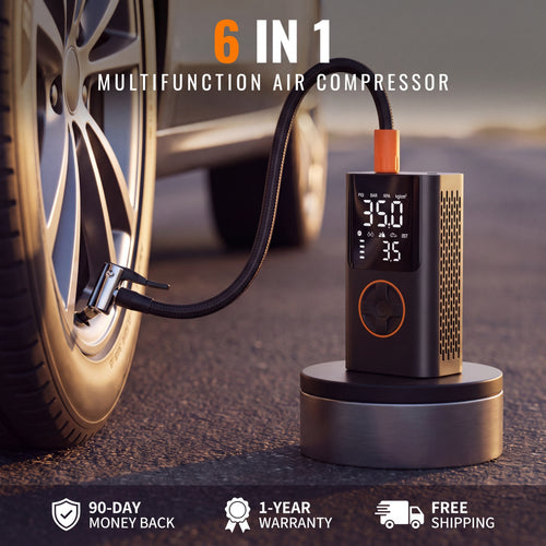 AirFlux 6 in 1 multifunction air compressor on a stand, hose connected to a car tyre
