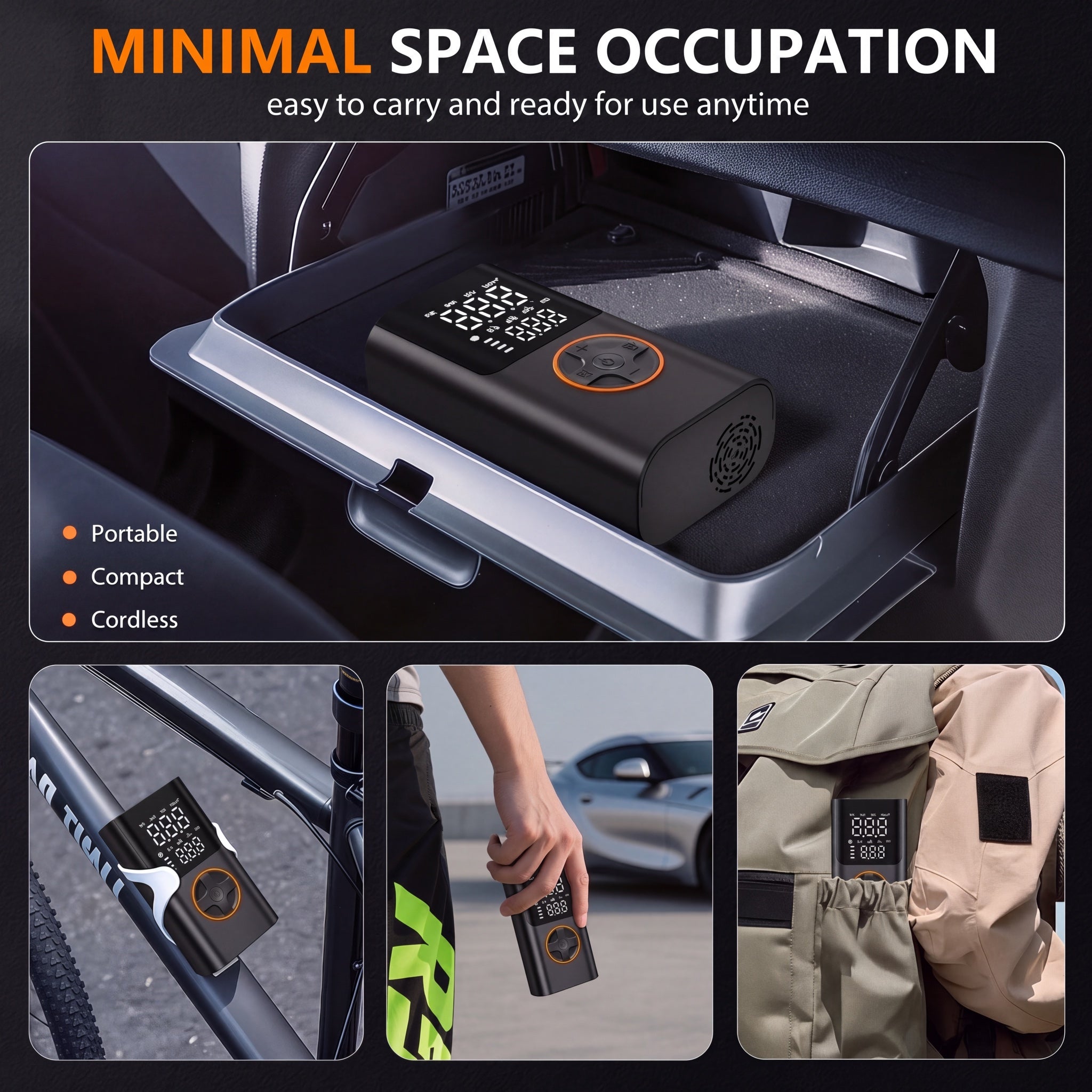 AirFlux fits in a car glovebox, on a bike frame, in a hand or in a backpack